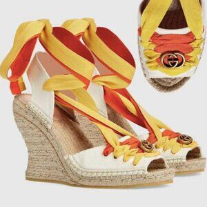 GUCCI CANVAS LACE-UP WEDGES - NEVER WORN